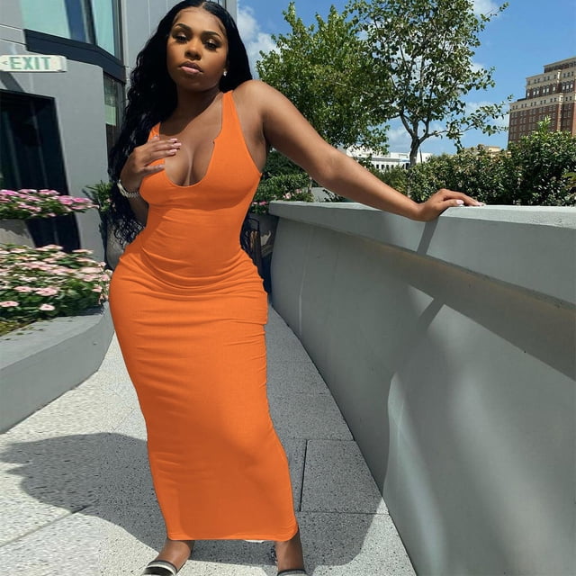 Nouvelle Robe Longue Moulante Sans Manches Sexy pour Femmes, Col en U Profond, Couleur Unie, Robe Maxi Slim