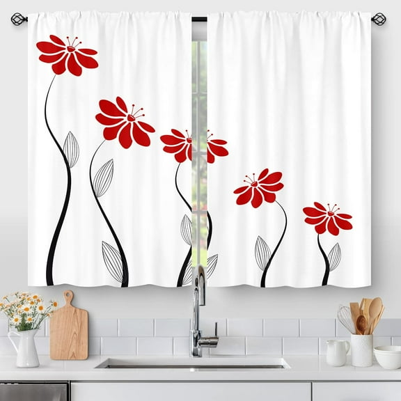 Red Flower Kitchen Curtains, Minimalist Floral Leaves Rustic Country Farmhouse Small Short Cafe Window Curtain Over Sink Bathroom Dining Room Decor Rod Pocket Window Drapes 2 Panels 36"x28" Inch