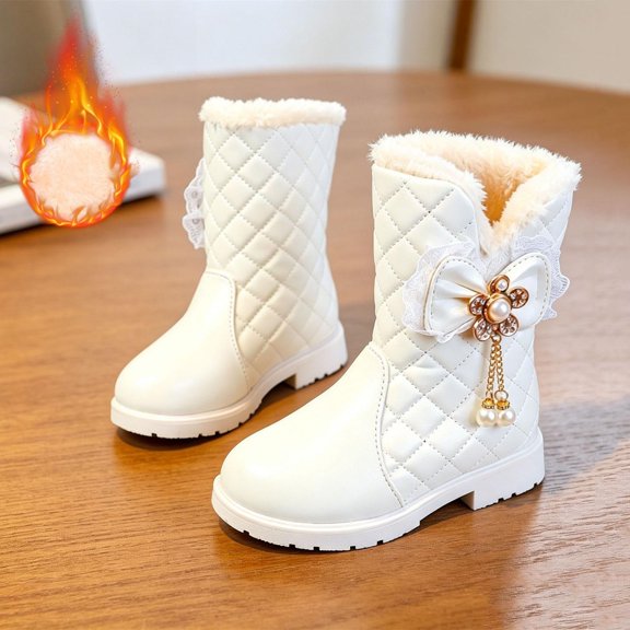 Girls Ankle Snow Boots Fleece Lined Bow Decor Faux Leather Snow Booties Kids Winter Warm Platform Boots White 2 Big Kids