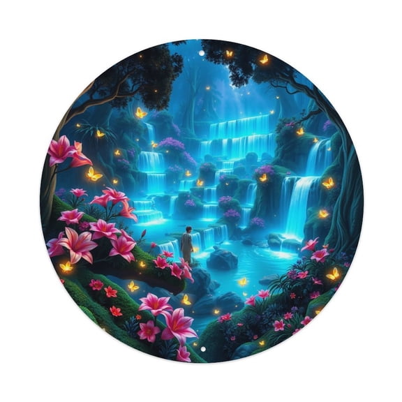 Fantasy Waterfall Forest7.9x7.9in Round Aluminum Plaque Wall Art, UV Printed Vintage Metal Sign with Pre-Drilled Holes for Home Bar Garage Cafe Decor