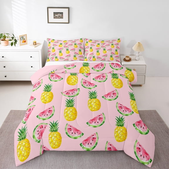 Manfei Watermelon Print Bedding Comforter Set for Kid, Pink Yummy Fruit Twin Comforter Sets, Kawaii Cartoon Pineapple Reversible Bedding Set, Lightweight Room Decor, 2-Piece