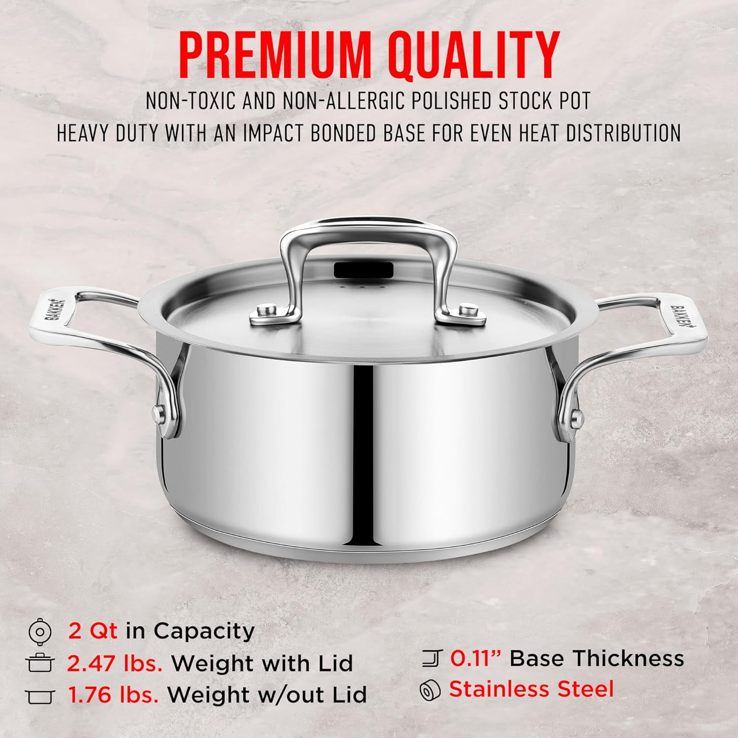 Bakken 2-Quart Stainless Steel Stockpot with Lid, Heavy-Duty 18/8 Steel, Riveted Handles, Oven & All-Stove Safe