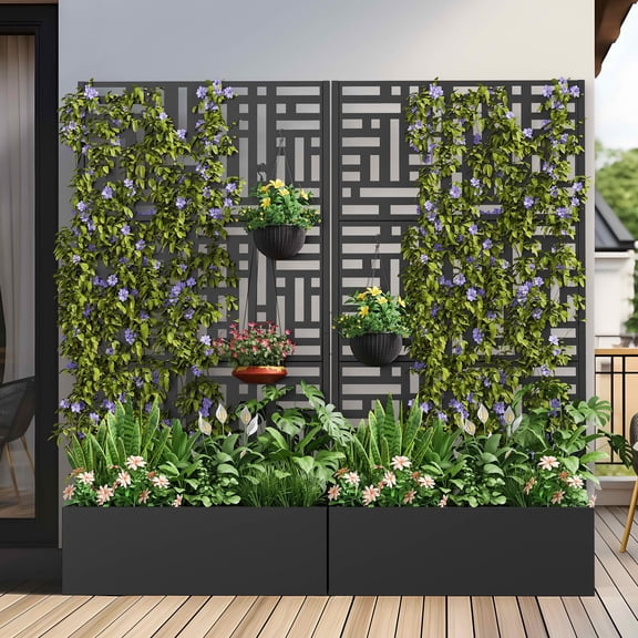 MAYEERTY 72x35x16 Inch Black Metal Rectangular Planter Box with Trellis for Street, 5 Piece Set