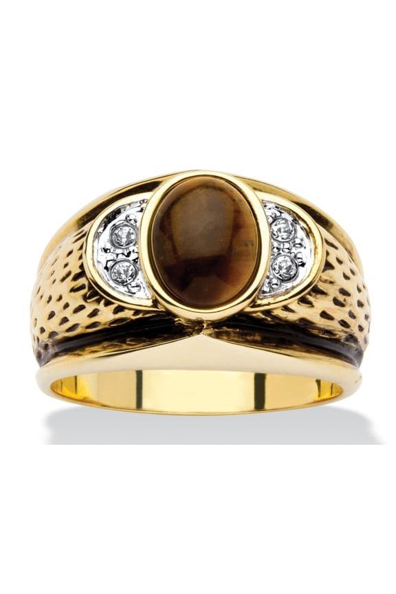 Men's Oval-Shaped Genuine Tiger's Eye Crystal Accent Yellow Gold-Plated Antique-Finish Ring