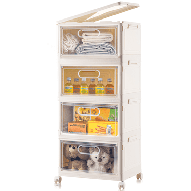 4 Tier Stackable Storage Bins, 23QT Storage Containers, Clear Plastic Storage Bins with Magnetic Doors, Large Collapsible storage box, Multifunctional Stackable Storage Drawers for Home, Office C30