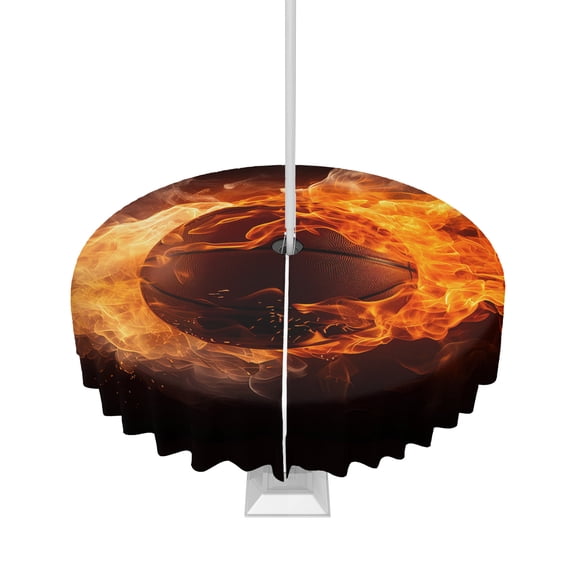 Fsddascl Basketball Outdoor Tablecloth - 60 Inch Round Dining Table Cover, Basketball Modern Abstract Art Flame Waterproof Outdoor Table Cloth with Umbrella Hole & Zipper for Picnic/Patio/Party