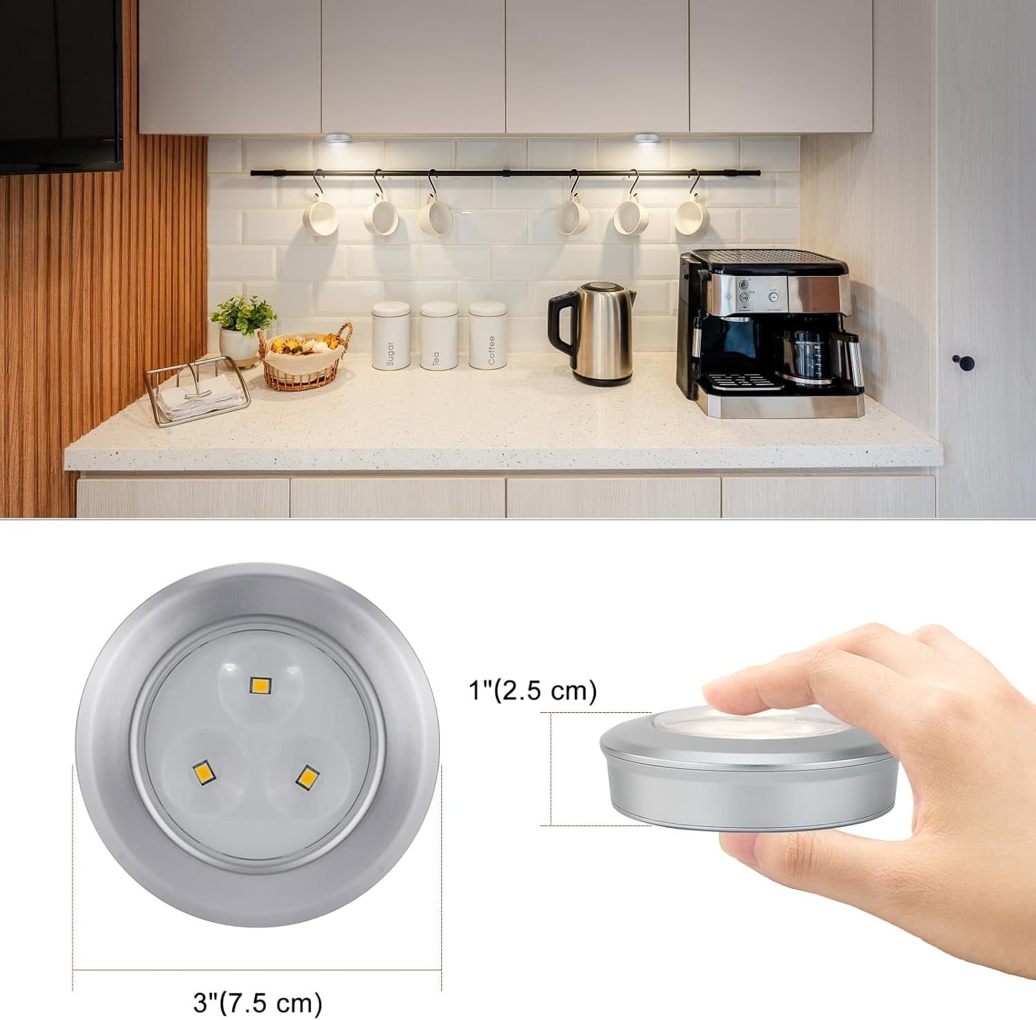 RGHJAR-Wireless LED Puck Lights, Touch Activated Tap Ligh Push Light, Battery Operated Stick On Lights for Under Cabinet, Kitchen, Closet & Counters, 3-Pack, Silver (Included 3AAA Batteries)