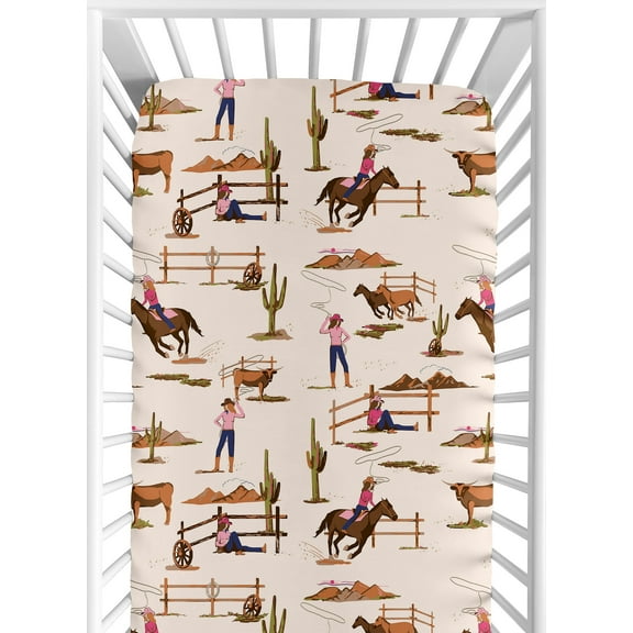 Sweet Jojo Designs Western Cowgirl Pink Brown Beige Blue Fitted Crib Sheet
