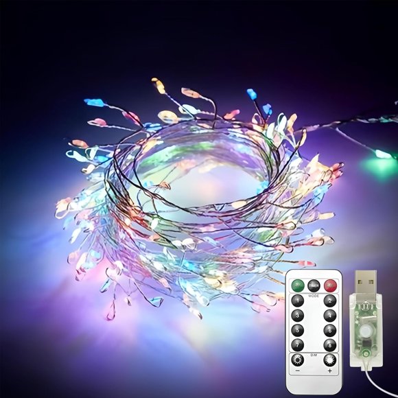 shiyou-2Pack USB Fairy Lights with Remote Control, 20ft/6M 200LED Color Firecracker Cluster Lights, 8 Modes, Waterproof Copper Wire String Lights for Bedroom, Wedding, DIY, Garden Decor