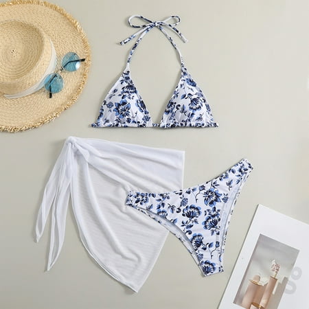 SnnmBlm Bikini Sets for Women 3 Piece Floral Print Halter Triangle Bathing Suit Swimsuit with Sarong Cover Up Blue L