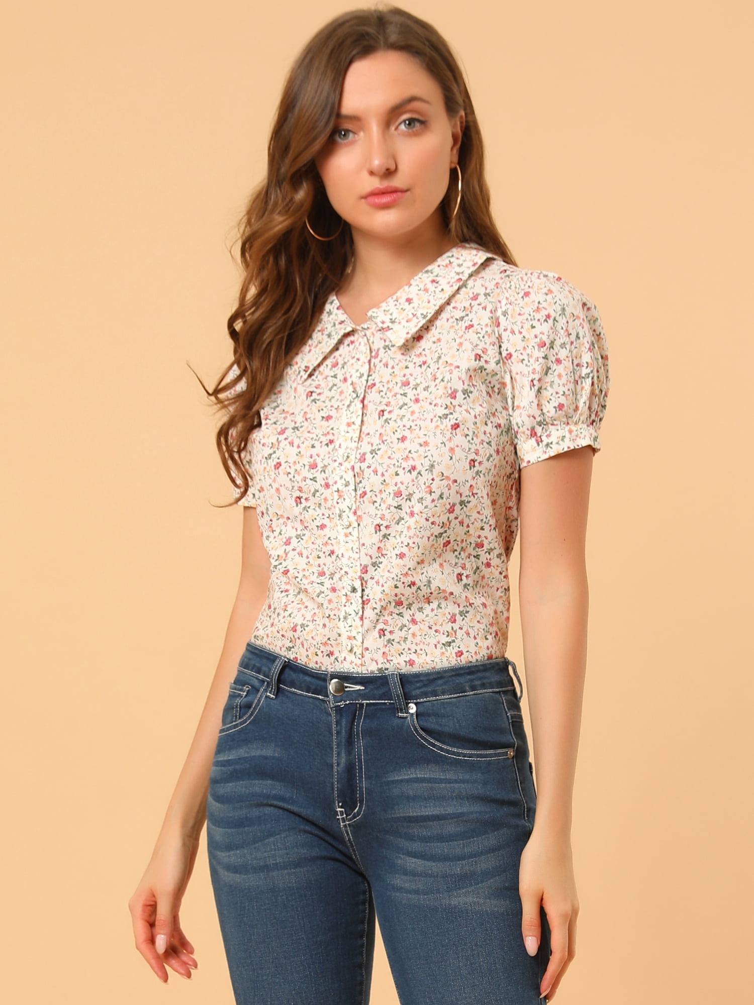 DARING DIVA Women's Turndown Collar Button Down Floral Blouse L White