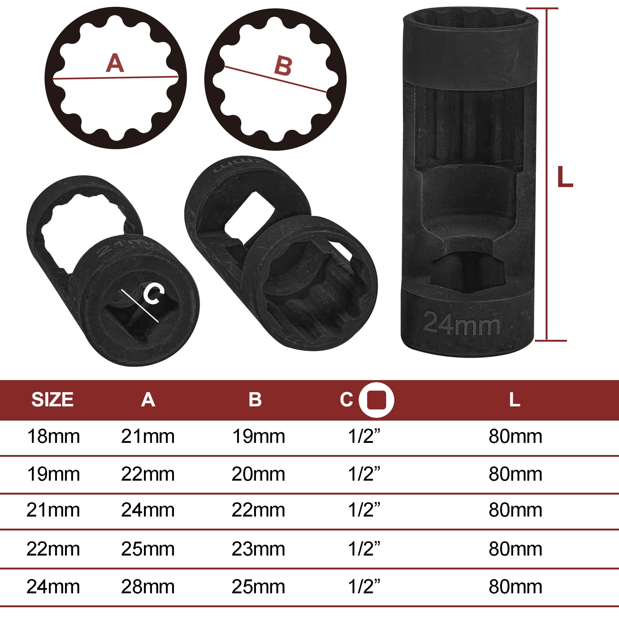 5-piece set: 18mm, 19mm, 21mm, 22mm, 24mm bracket nut sockets, 12-point, 1/2-inch drive. Suspension bracket nut socket tools, suitable for hexagon wrenches (5-piece set)