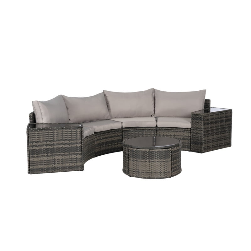 7-Piece Patio Furniture Set with Round Coffee Table, All Weather Wicker PE Rattan Half-Moon Curved Sectional Sofa Set with 2 Side Table for Backyard
