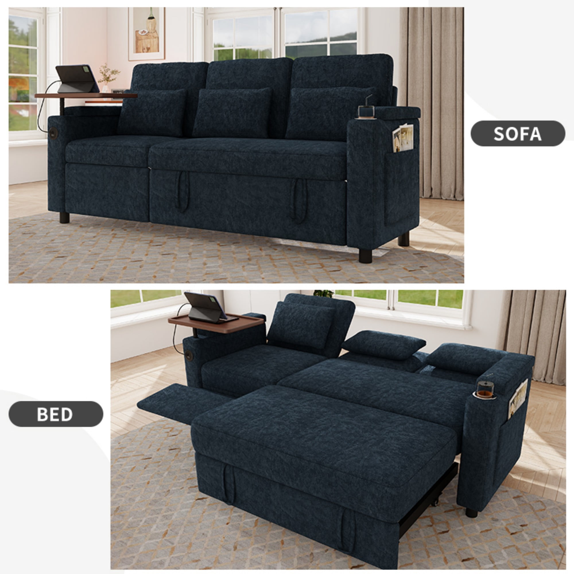 DEALTOPS 81" Chenille Pull-Out Sleeper Sofa Bed with Recliner, Tray Table, USB Ports & Storage, Blue
