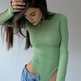 thumbnail image 4 of Women'S Crew Neck Long Sleeve Bodysuit Second-Skin Feel Tops Light Green L, 4 of 7