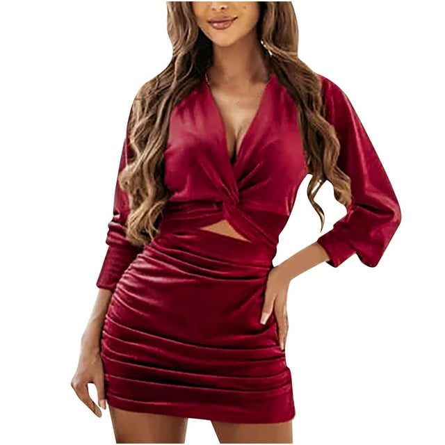Robes Moulantes pour Femmes à Col en V, devant Torsadé, Découpes, Manches Longues, Robe Chaîne, Froncée, Couleur Unie, Robe Courte de Soirée