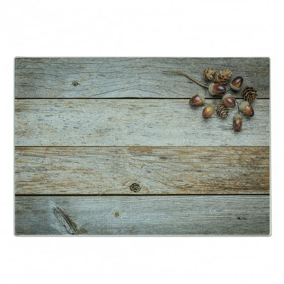 Rustic Cutting Board, Acorns and Cones on Weathered and Grained Wooden Background Timber Autumn Theme Image, Decorative Tempered Glass Cutting and Serving Board, Small Size, Brown, by Ambesonne