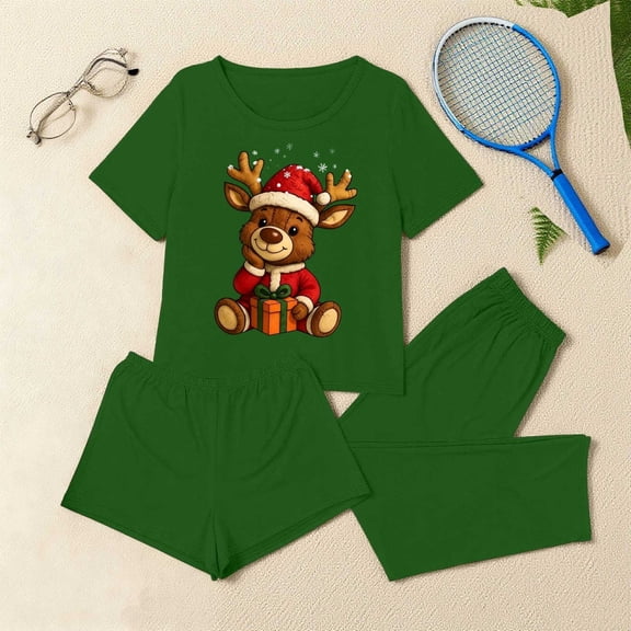 BLTIBY Women's Pajamas Set 3 PCS Cute Christmas Short Sleeves Loose Comfy Crop Tops Pj's Pants Outfits and Shorts Loungewear Green M