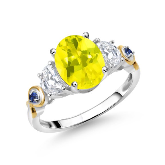 Gem Stone King 925 Silver and 10K Yellow Gold 3-Stone Ring Oval Canary Mystic Topaz and Moissanite (2.50 Cttw, Size 9)