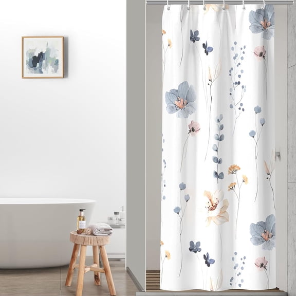 Watercolor Floral Shower Curtain, Flowers Print Minimalist Bathroom Curtain, Machine Washable Spring Modern Shower Curtains, Waterproof Fabric Shower Curtain Set with Hooks