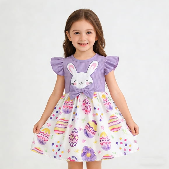 FYDUU Robes d'Été pour Filles Robe de Fille Tout-Petit Lapin de Pâques Broderie Manches à Volants Robe de Fête Mignonne Robe d'Été Célébrations de Vacances 5-6 Ans