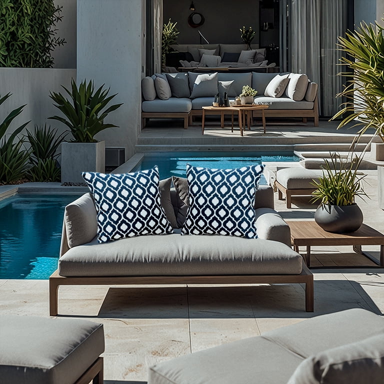 DecorX Weather Resistant 18x18 in Modern Moroccan Oasis Outdoor Pillow Covers, Blue and White, 2 Count