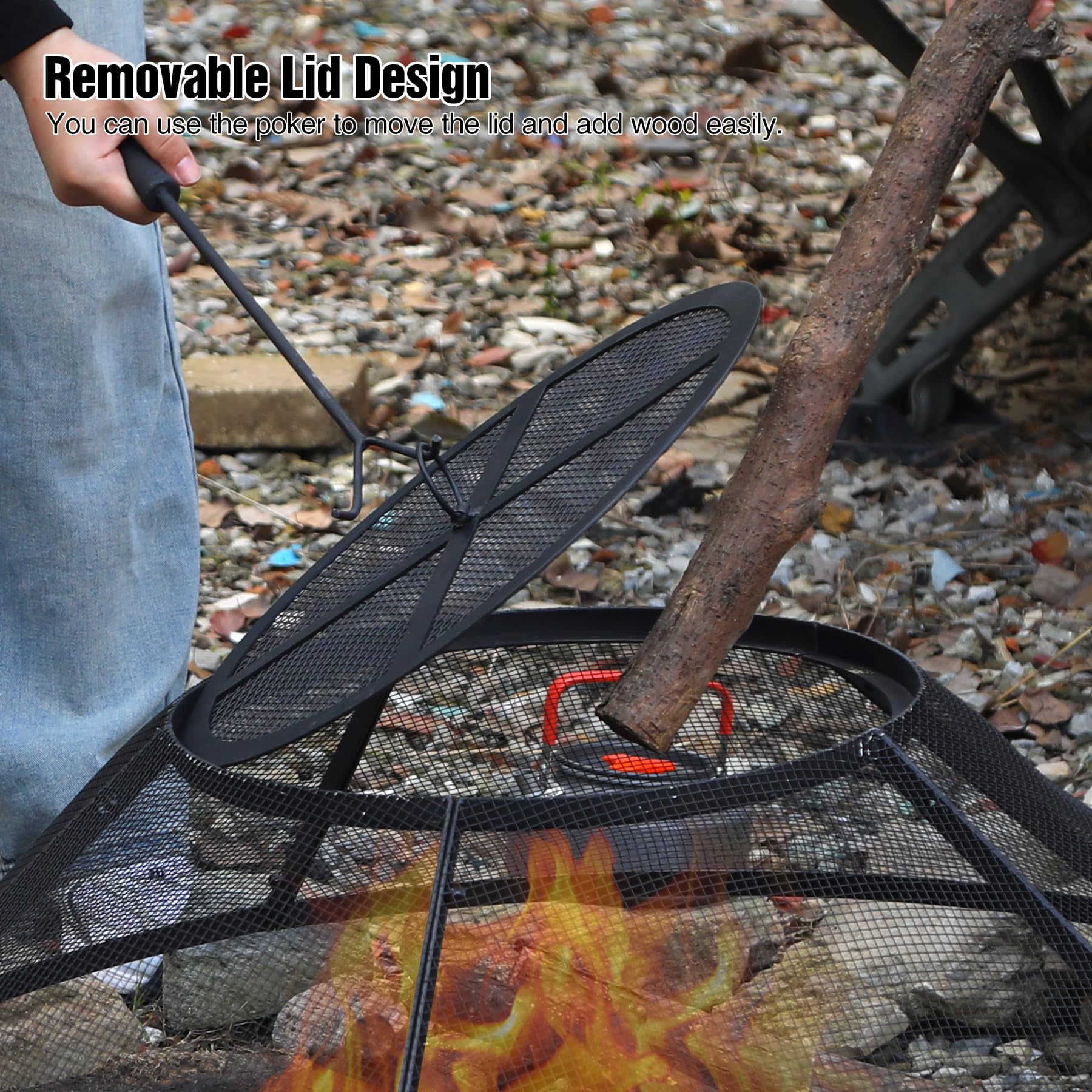 RedSwing Fire Pit Spark Screen, 36 inch Round Fire Pit Cover with Handle and Poker, Heavy Duty Metal Mesh for Outdoor Use