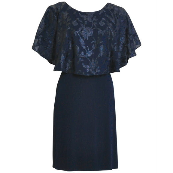Connected Apparel Womens Metallic Capelet Shift Dress, Blue, Petite, 8P