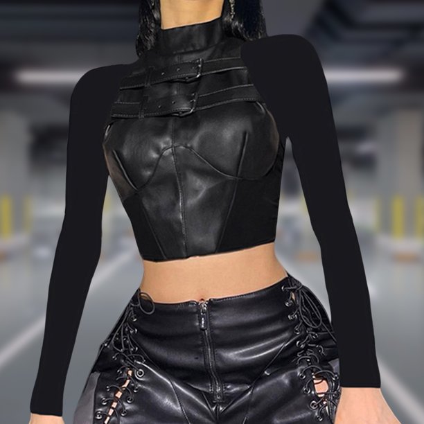 Camisetas De Mujer Y2K Street Motorcycle Style Cuero Malla Costura Medio cuello alto Mangas largas Cgtredaw Para estrenar