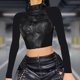 thumbnail image 1 of Camisetas De Mujer Y2K Street Motorcycle Style Cuero Malla Costura Medio cuello alto Mangas largas Cgtredaw Para estrenar, 1 of 1