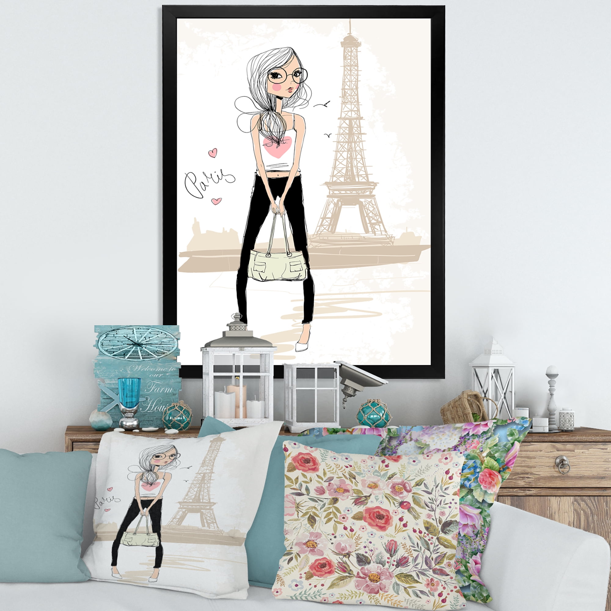 Designart 'Cute Girl By The Tour Paris Eiffel Tower' Children's Art Framed Art Print