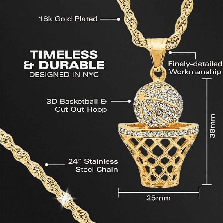 Collana Uomo Con Ciondolo Canestro Da Basket - Acciaio Placcato Oro 14K, Catena Box 24", Marca Metaltree98