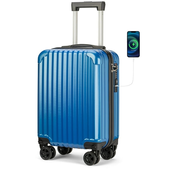 Personal Item Suitcase 18x14x8 Inches Hardside Built In TSA Lock & USB Port Lightweight Luggage With Removable Silent Wheels Underseat Carry-On Bag For Spirit and Frontier and More (Blue)
