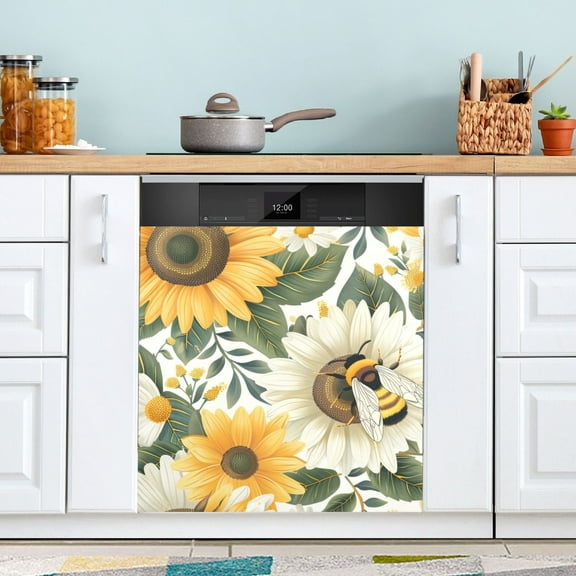 Bee and Sunflowers Dishwasher Magnet Cover Magnetic Fridge Door Cover Home Kitchen Decor 23"x 26"