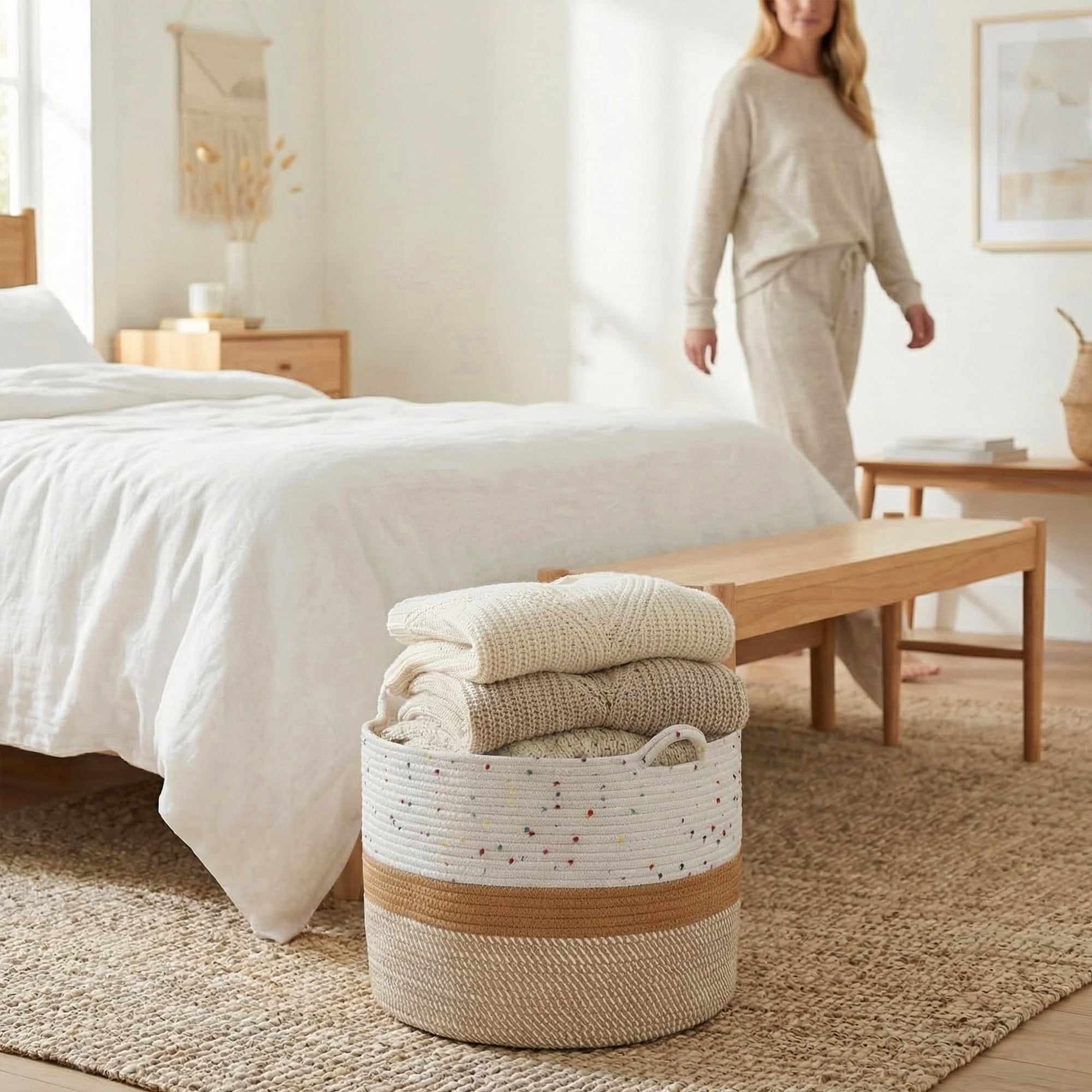 Unique Bargains Multiple Use Woven Storage Bin for Home White Brown 15.7*15.7*11.8in