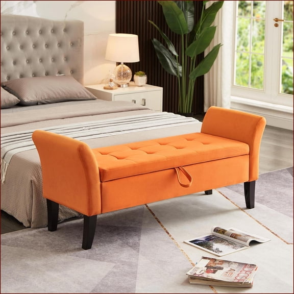 Bed Bench with Storage 51.5” Classic Tufted Velvet Orange for Bedroom/Living Room | Orange | Velvet