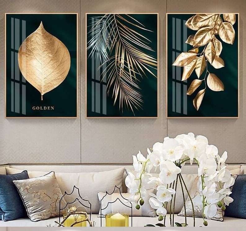 3 Pieces Golden Leaves Wall Art Canvas Print Abstract Plant Posters
