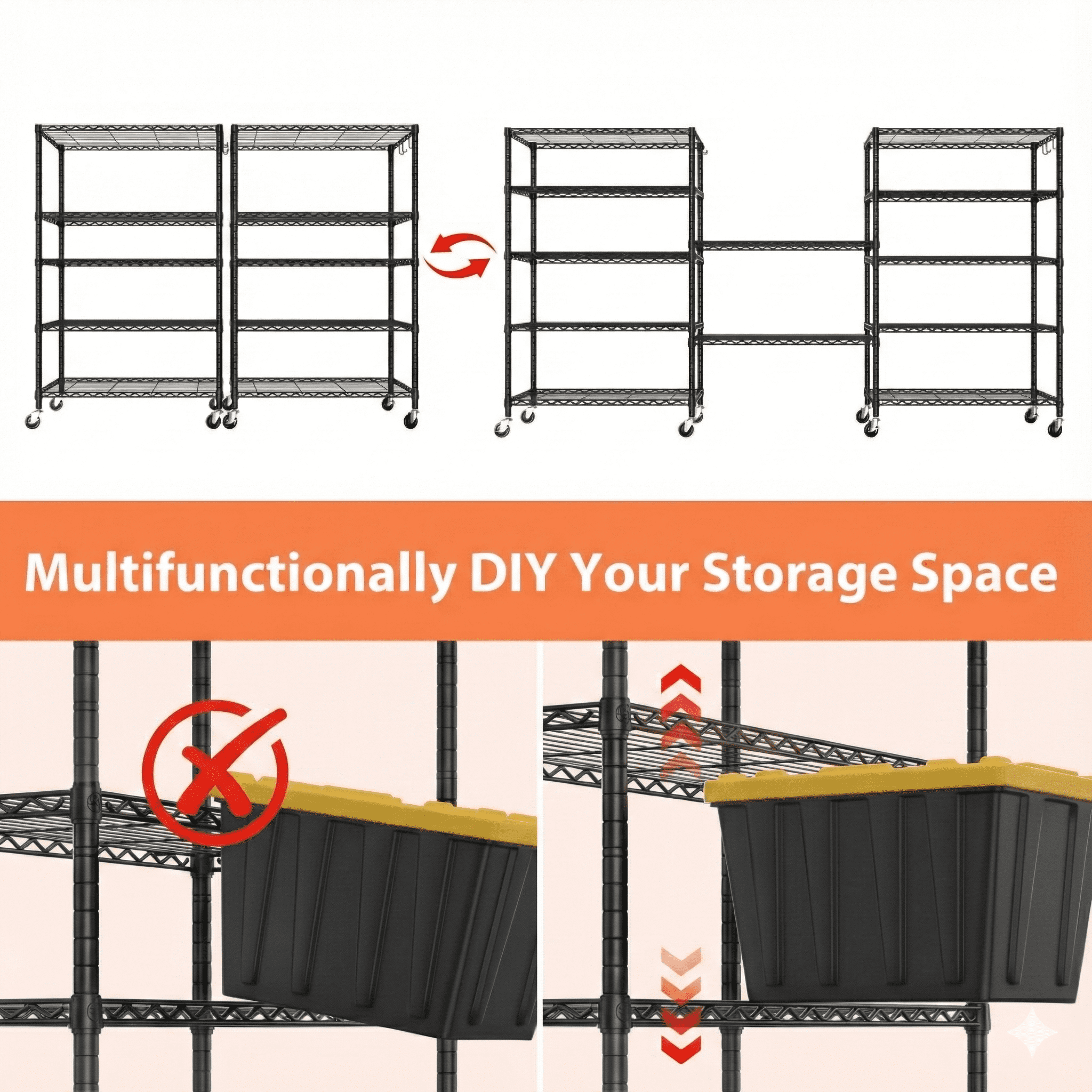 TrumanPick 5-Tier Storage Shelves with Wheels,1250lbs Metal Shelving Adjustable Wire Shelving Pantry Shelves for Garage Shelving, Kitchen Commercial,14"D x 36 Wx71 H, Black
