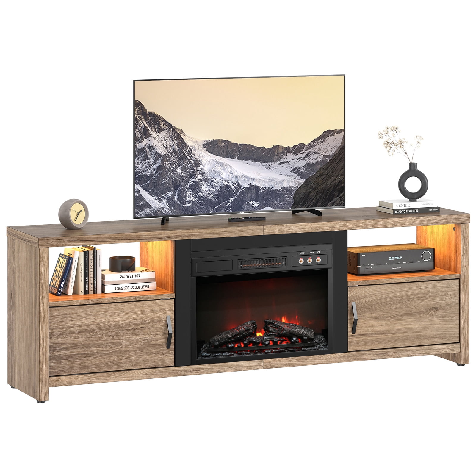 Bestier 71" Fireplace TV Stand for TVs up to 75" LED Entertainment Center with 23" Remote Control Electric Fireplace, Pinewood