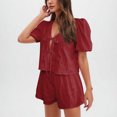 thumbnail image 2 of Camisas de Color Sólido para Mujeres Verano Manga Corta Cuello en V Cuello Delantero Corbata Camisa Pantalones Cortos Conjunto, 2 of 8