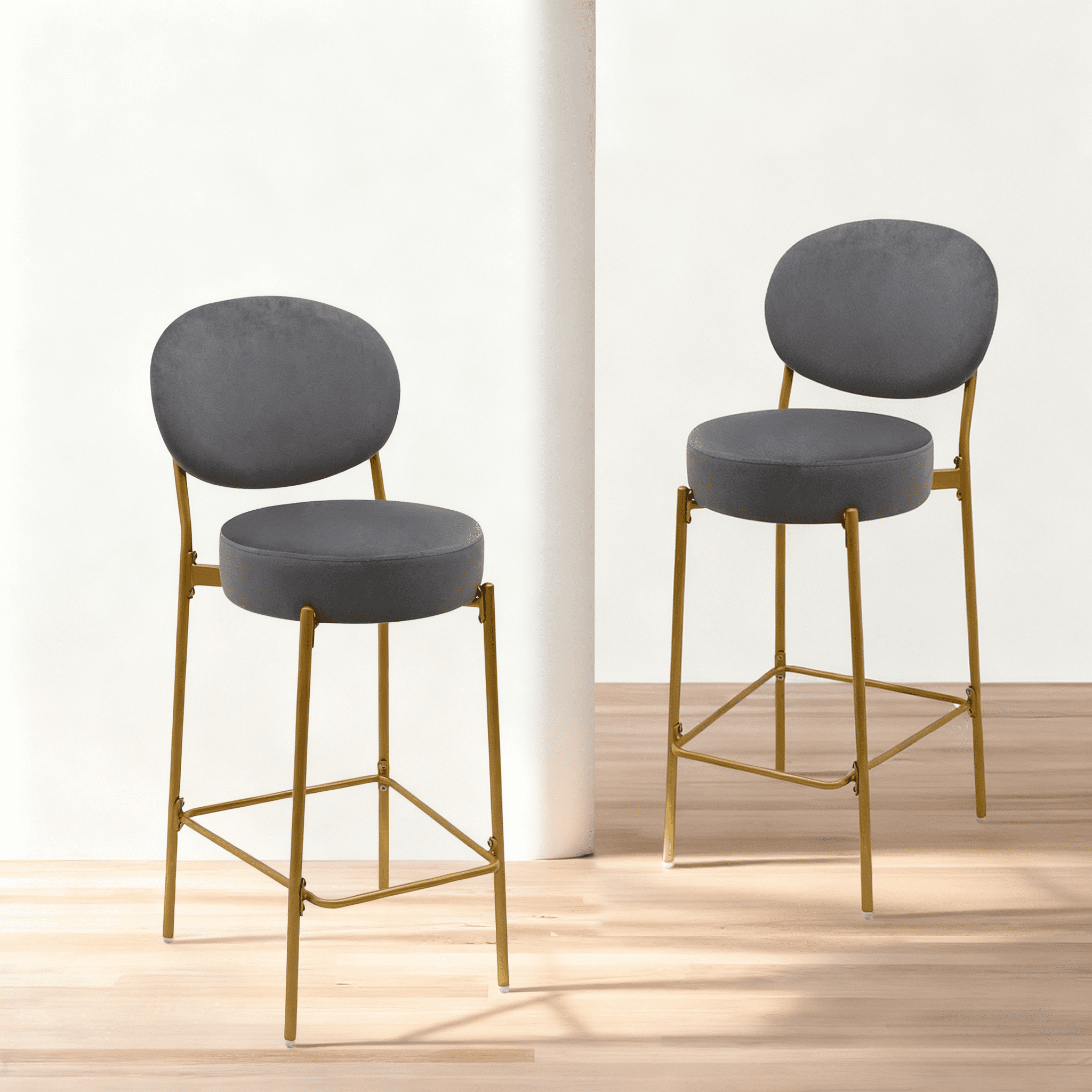 Velvet Upholstered Bar Stools 2 Pack with Gold Legs Counter Height Stools Featuring Backrest and Footrest for Kitchen Dining in Gray