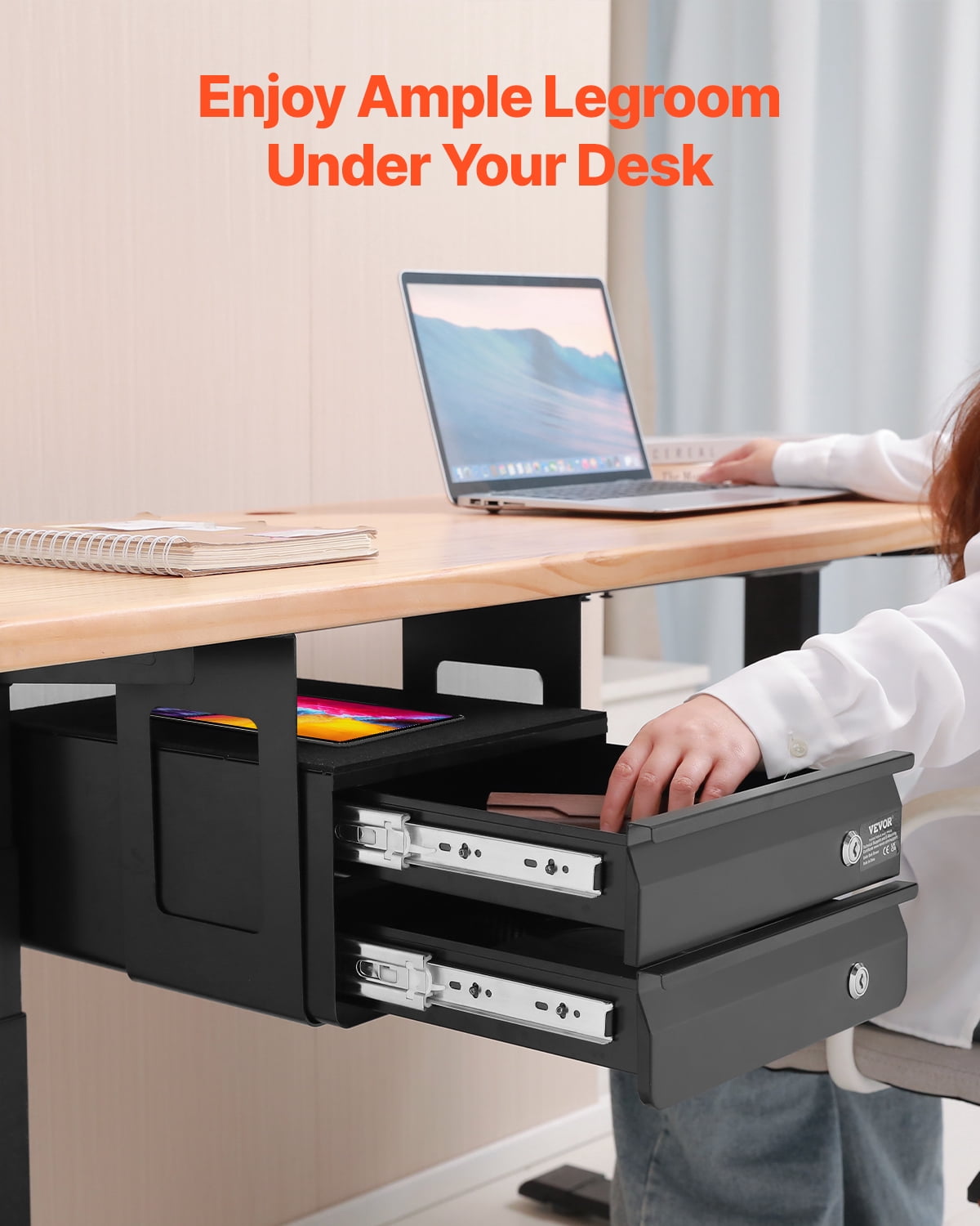 VEVOR 13" Wide Under Desk Drawer Slide Out, Under Desk Pull Out Drawer Attachment, Hidden Desktop 2-Tier Storage Organizer, Lockable Under Desk Pencil Drawer for Sit-Stand Workstation, 14x13x10 In