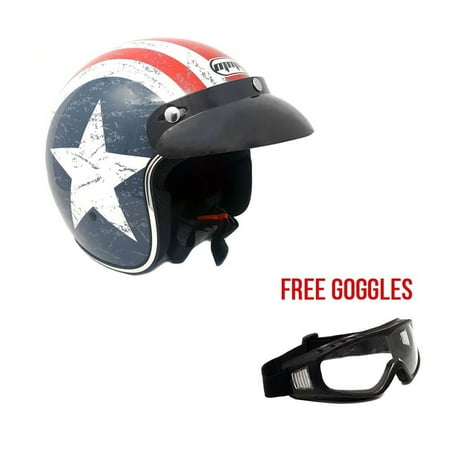 Motorcycle 3/4 Shell - Motorcycle Cruiser 3/4 Shell Open Face Helmet Snap-On Visor – Stars and Stripes American Patriot (Small) + Free Goggles