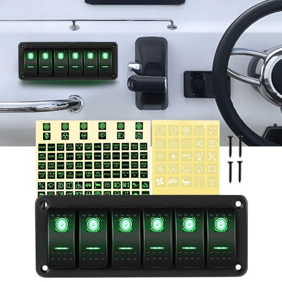 Waywe 6 Gang Rocker Switch Panel 5Pin On Off Toggle Switch Aluminum Holder 12V 24V Dash Pre-Wired Green Backlit Switches for Automotive Cars Marine Boats RVs Truck