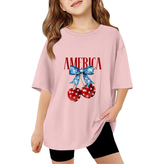 Grblisyd 4th of July Girls Shirts Size 10-12 America Cherry Bow USA Flag Short Sleeve Crew Neck Kids T-Shirts Loose Tee Clothes Summer Tops for Girls