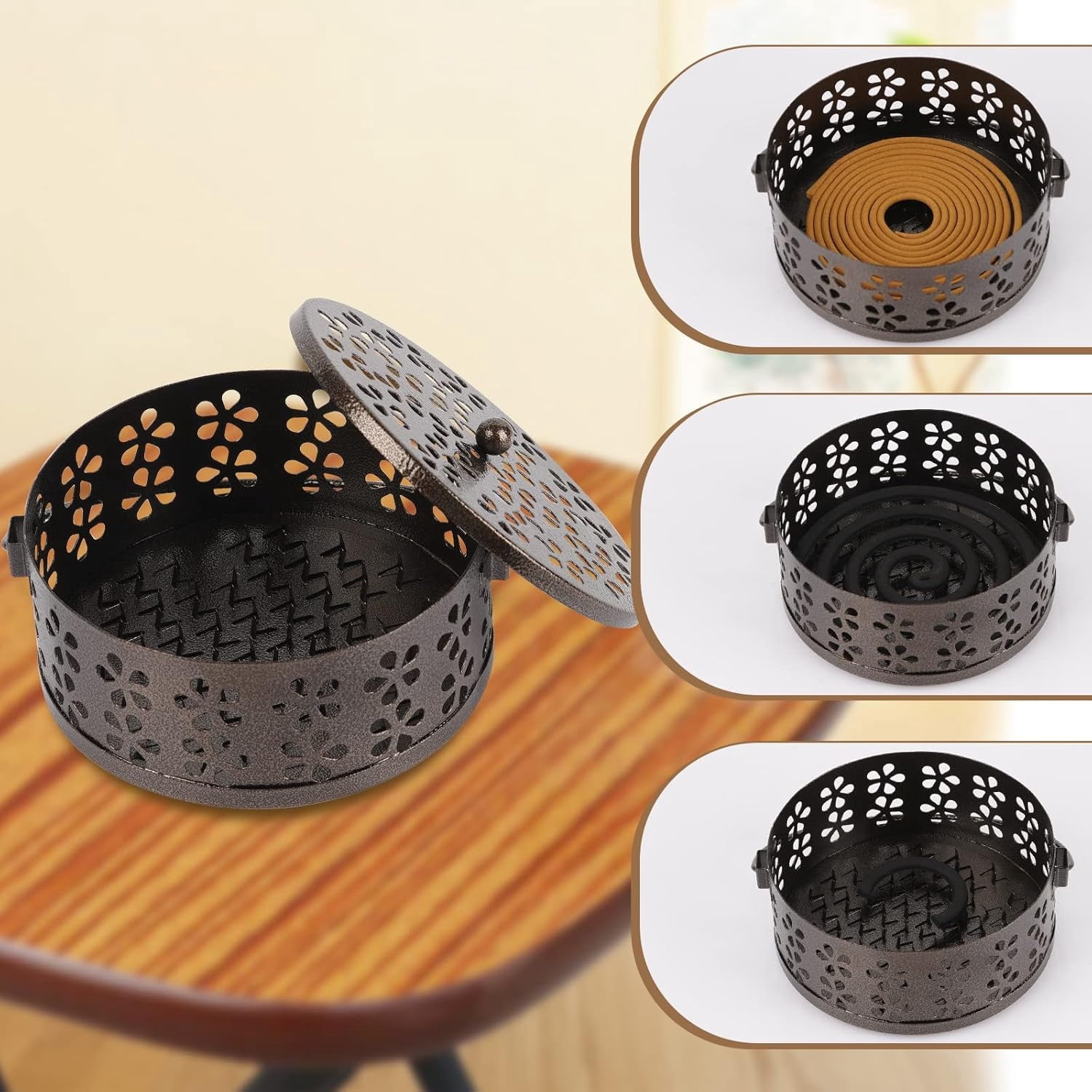 Retro Portable Iron Mosquito Coil Holder Topboutique Metal Mosquito Coil Box with Handle Round Fireproof Incense Holder Hangable Mosquito Incense Plate Box for Home Office Camping(Bronze,1Pack)