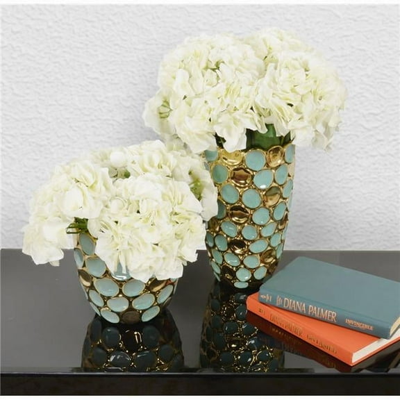 AFD Home 12019331 7 x 7 x 11.5 in. Torquoise & Gold Accent Vases, Blue & Cold - Set of 2