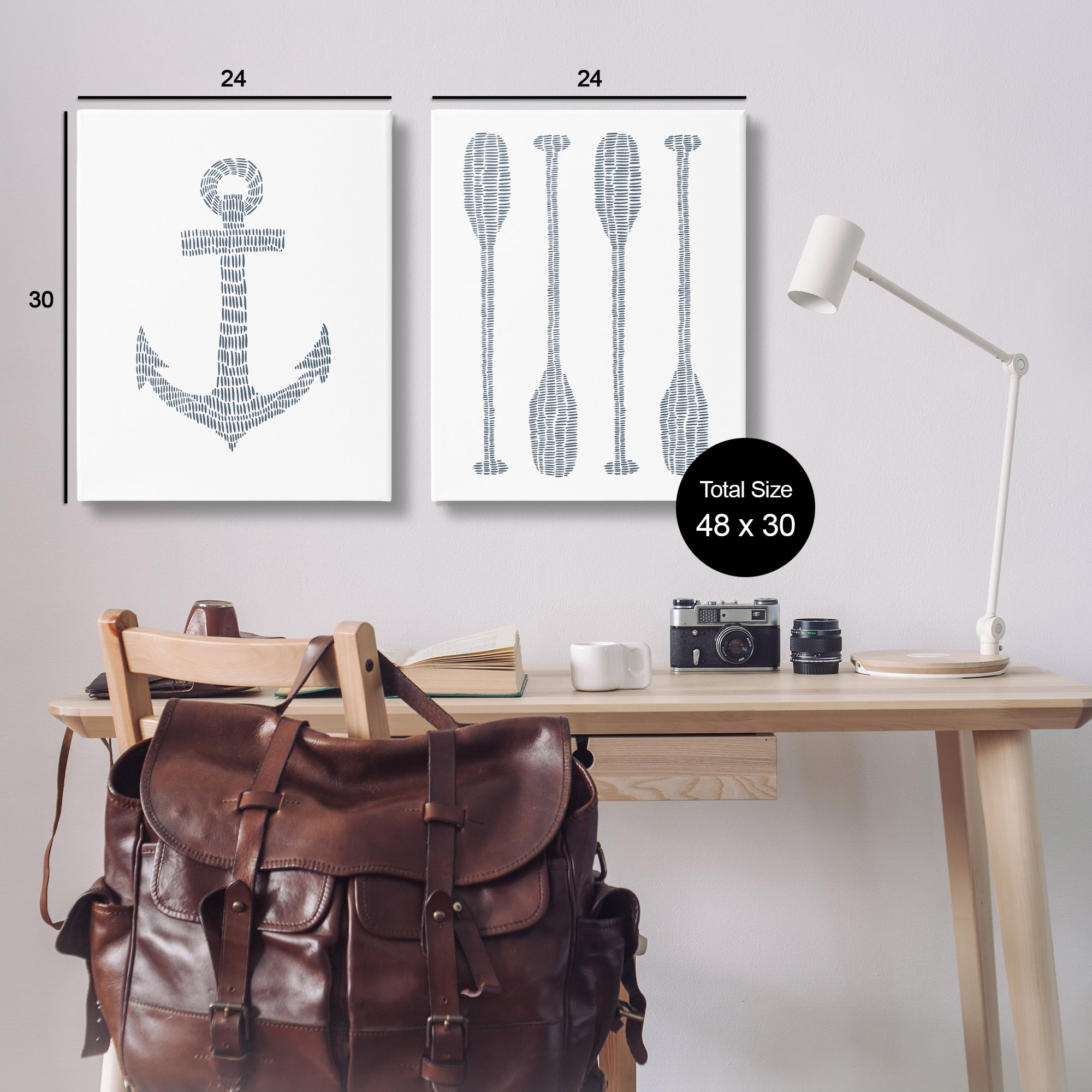 Stupell Industries Simple Lines Nautical Anchor Oars Nautical & Beach Painting Wrapped Canvas Art Print Wall Art, 24 x 30, Set of 2