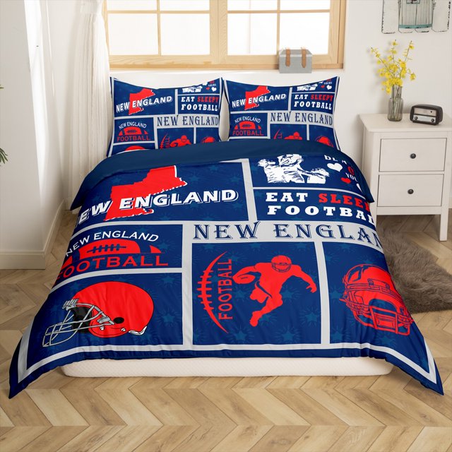 Erosebridal Housse de Couette Sportive pour Enfants Filles, Ensemble de Literie Football Très Grand, Ensemble de Lit Réversible Rugby pour Fan de Football, Housse de Courtepointe Patchwork Ballon avec 2 Taies d'Oreiller Microfibre (Nouvelle-Angleterre) (Sans Couette)