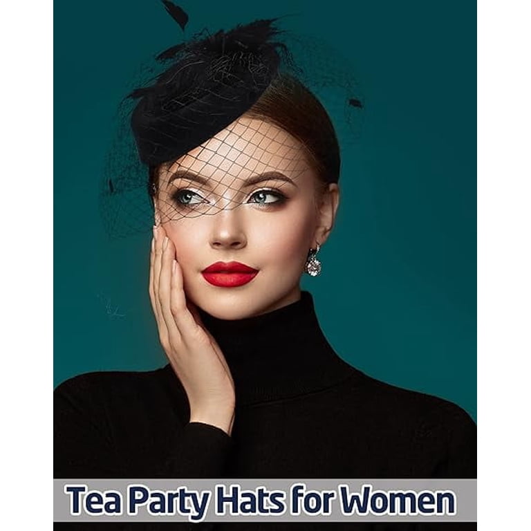 3112 Fascinators For Women Derby Pillbox Hat Cocktail Tea Party Feather Fascinator Hat Veil Feather Fascinator Tea Party Kentucky  main image 4
